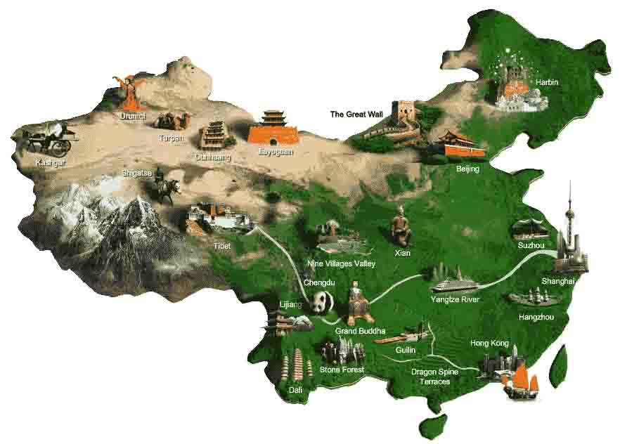 Bản đồ du lịch Trung Quốc mô tả các điểm đến nổi tiếng